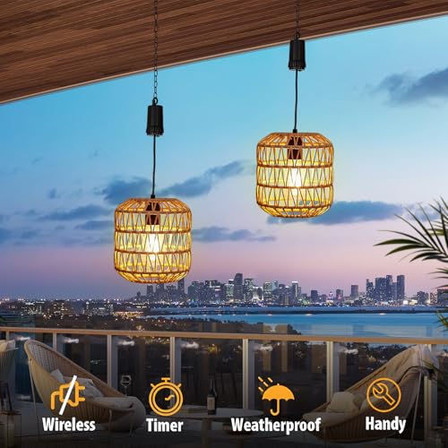 Livinlarge Battery Operated Hanging Pendant Ligh,Battery Outdoor Chandelier,Rattan Light with Warm White Bulb,4*AA Battery Powered for Gazebo Backyard Pergola Porch Patio Outdoor Indoor Decor - style: Battery Operated Lanterns