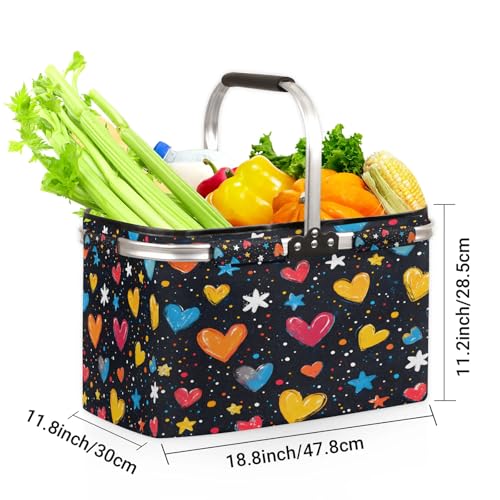 Heart Shaped Picnic Basket Large Collapsible Market Baskets Portable Reuasble Shopping Bags with Handles for Camping Beach Travel - color: Gray