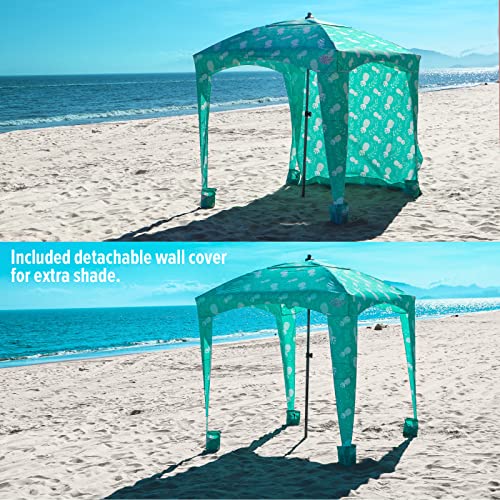 Qipi Beach Cabanas for Sand, Beach Canopy with Sandbags & Side Wall for Family, Easy Set Up Sun Shelter, UPF 50+ UV Protection with Roof Vent - color: 6' x 6' A-Pineapple Jungle