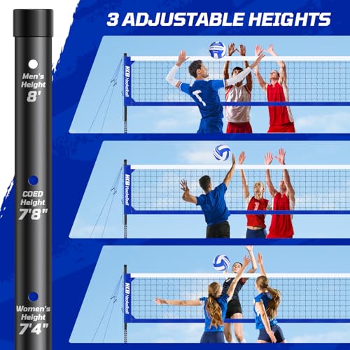Haokelball Outdoor Volleyball Net Set for Backyard, 32FT Regulation, 3-Level Adjustable Height & Anti-Sag Tension System, Heavy Duty Thick Poles, Includes Volleyball, Pump, Boundary Line and Carry Bag - color: A-Blue