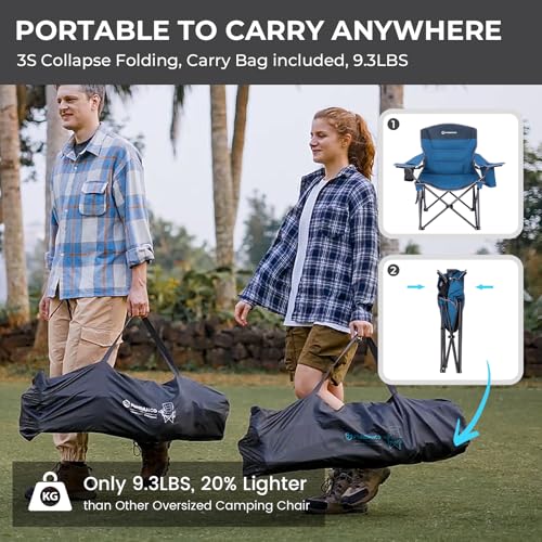 FUNDANGO Oversized Camping Chairs for Adults, Heavy Duty Fold Up Sports Games Lawn Chairs, Extra Wide Big Man Outdoor Chairs with Padded Lumbar Support Backrest, Bag Included for Camp, Outside, Beach - color: Blue/Grey With Lumber Support 1 Pack