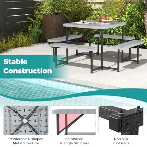 Byroce Outdoor Picnic Table for 4-8 Person, HDPE Picnic Camping Table Set with 4 Benches, Umbrella Hole & Metal Frame, Heavy Duty Square Dining Table Chairs for BBQ in Patio, Yard & Poolside (Gray) - color: Grey