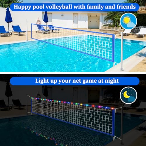 15 x 3FT Pool Volleyball Net with Light and Storage Bag,Adjustable Length 15ft-27ft Portable Pool Volleyball Net Replacement for Inground Pools,Light Up Pool Party Badminton Net for Backyard,Beach