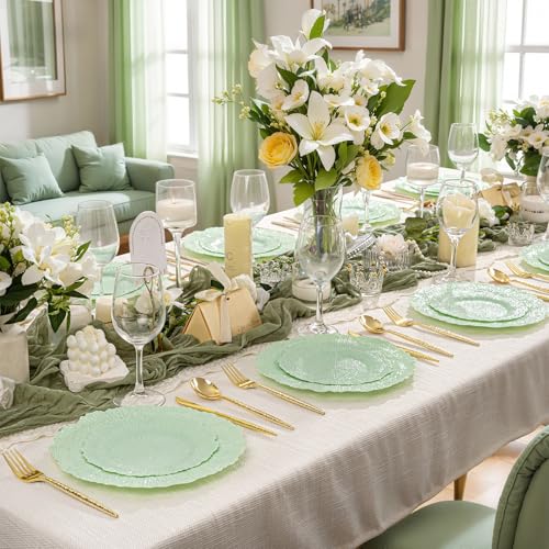 DaYammi 60 PCS Green Plastic Plates,Reef Plate Disposable & Reusable-Heavy Duty Plastic Plates for Party Including 30 Dinner Plate, 30 Dessert Plate,Green Disposable plates for Dinner Parties - color: Green