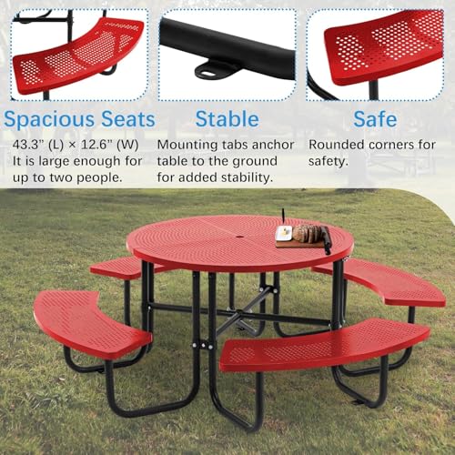 46-inch Red Round Outdoor Picnic Table with Umbrella Hole - Heavy Duty Coated Steel Metal Patio Dining Set for Garden, Courtyard, BBQ & Commercial Use - color: Red-round