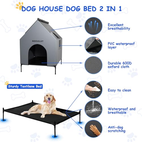 36" Dog House for Outdoor Indoor, Large Dog Houses Weatherproof 600D PVC with 7.9" H Textilene Elevated Dog Bed Breathable, Easy to Clean, Dog House Max 160lbs
