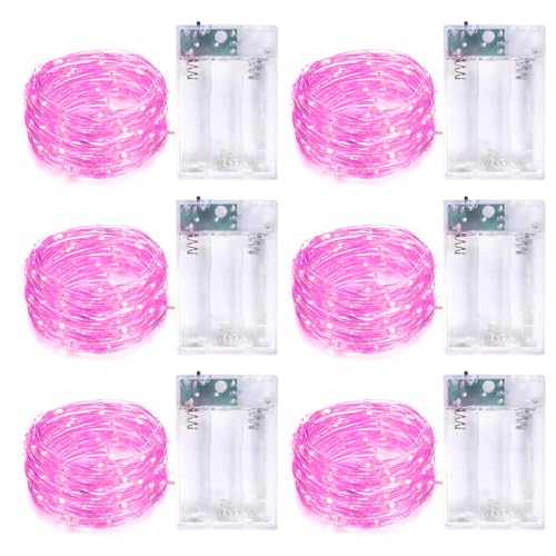 6 Pack Fairy Lights Battery Operated with Timer Silver Wire Mini 13FT 40LED Waterproof Cuttable Twinkle Christmas String Lights for Home Bedroom Wedding DIY Centerpiece Birthday (Pink) - color: Pink