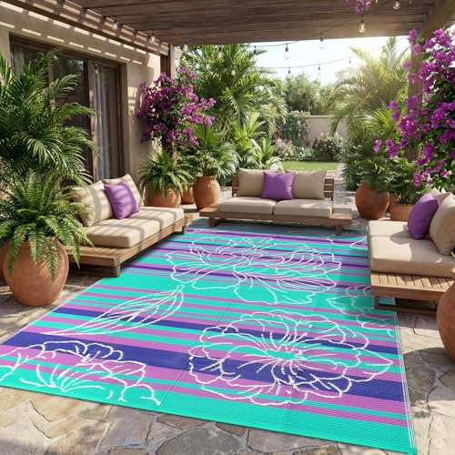 Garvee 9x12 Outdoor Waterproof Rug, Floral Outdoor Area Rug，Reversible Plastic Straw Patio Rug, Portable Camping Mat for RV, Picnic, Beach, Balcony, Garden & Camping Purple&Blue - color: Purpleblue, size: 9' x 12' (Rectangular)