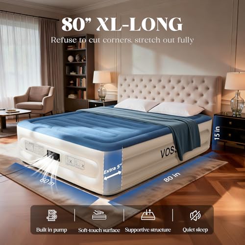 VOSSER Queen Air Mattress with Built-in Pump, Extra Thick Blow Up Mattress, Leak-Proof Air Bed with Storage Bag, Flocked Top Inflatable Mattress for Home, Camping & Guests，660lbs，Gift for Mom - color: Blue, size: Queen 15''(Standard Height)