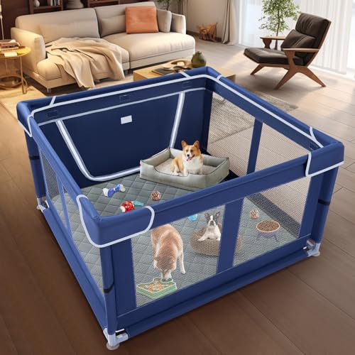 XVISHX 42x42 Inches Puppy Playpen with Dog Pads, Dog Playpen for Puppies or Small Dogs, Pet Playpen for Indoor & Outdoor, Sturdy Safety DogPen with Thickened Fabric, High-Strength Nylon Wire Mesh - style: 42X42 IN With Pad