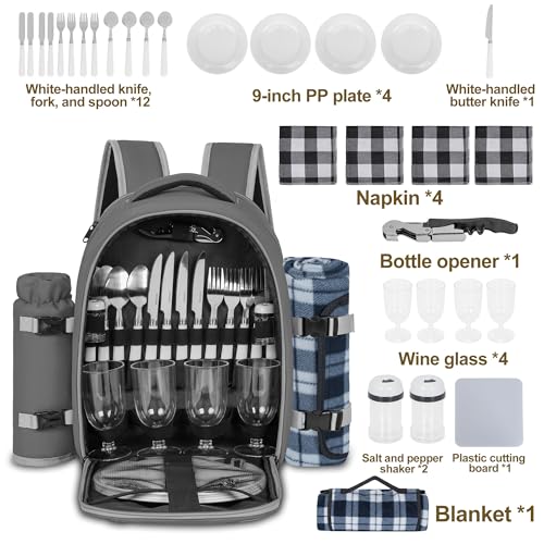 Picnic Backpack for 4 Persons with Insulated Leakproof Cooler Compartment, Cutlery Sets, Wine Holder, Fleece Blanket, Wedding Gifts for Couples, Perfect for Beach, Camping, Hiking, Grey - color: Gray