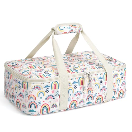 Corduroy Casserole Carrier, Insulated Lasagna Lugger for Hot/Cold Food, Fits 9" x 13" Baking Dish, Thermal Lunch Tote for Potluck & Picnic - Corduroy Rainbow - color: Corduroy Rainbow, size: 16x10x4 in