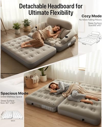 JEASONG Blow Up Couch Air Mattress Queen with Built in Pump, 2-in-1 Air Sofa & Inflatable Mattress, AirBed Blow Up Mattress with Headboard & Cupholder, Inflatable Couch for Camping, Movie Night, Guest