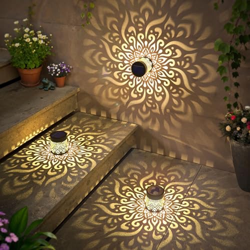 4 Pack Large Solar Fence Lights Metal Solar Powered Outdoor Wall Deck Step Lights Mandala Theme Waterproof Fence Light for Garden Post Patio Backyard Yard Decor, Gardening Gifts for Women Mom Grandma - color: Mandala-L, size: 4 Pack
