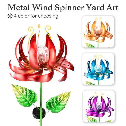 Solar Yard Lights Wind Spinners- Metal Lotus Flower Garden Decor LED Crackle Glass Globe Yard Art Sculpture Solar Stake Lights for Patio Pathway Lawn Walkway (Red-Large) - color: Red-large