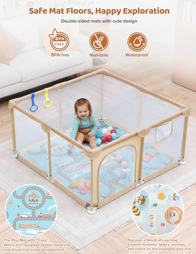 Dripex Baby Playpen with Mat, 47"x47" Play Pen for Toddlers 1-3 Years, Soft Breathable Visible Mesh, Indoor/Outdoor Portable Play Yard with Mat, Safe Baby Fence Play Area, Beige - color: Beige, size: 47"×47" with Mat