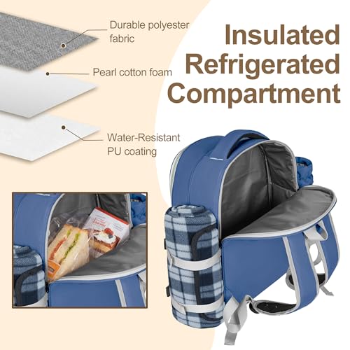 Picnic Backpack for 4 Persons with Insulated Leakproof Cooler Compartment, Cutlery Sets, Wine Holder, Fleece Blanket, Wedding Gifts for Couples, Perfect for Beach, Camping, Hiking, Blue - color: Blue