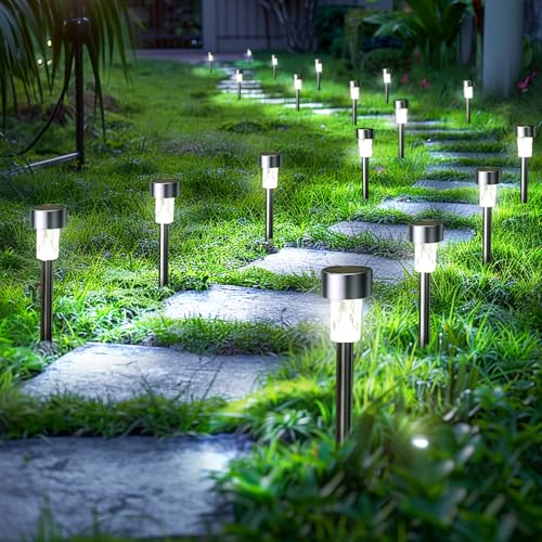 GIGALUMI 24 Pack Solar Path Lights Outdoor,Solar Lights Outdoor Waterproof,Stainless Steel LED Landscape Lighting,Solar Garden Lights for Driveway,Pathway,Patio,Yard - color: Cold White, size: 24 PACK