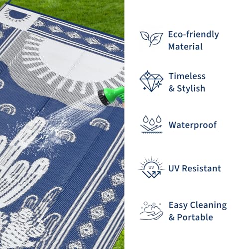 Garvee Reversible Cactus Outdoor Rug 8x10 for Patio, Waterproof Outdoor Area Rug, Modern Desert Botanical Indoor Outdoor Rugs, Plastic Straw Rug for RV, Camping, Deck, Navy Blue & Beige - color: Navy & White-cactus, size: 8' x 10' (Rectangular)