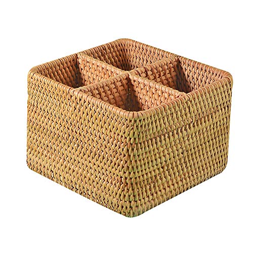 i-lan Natural Rattan 4 Compartments Cooking Utensil Silverware Organizer Holder Cosmetics Storage Box Cutlery Caddy Flatware Serving Basket (180mm 4-Compartment Box) - size: 7"(square 4-section)