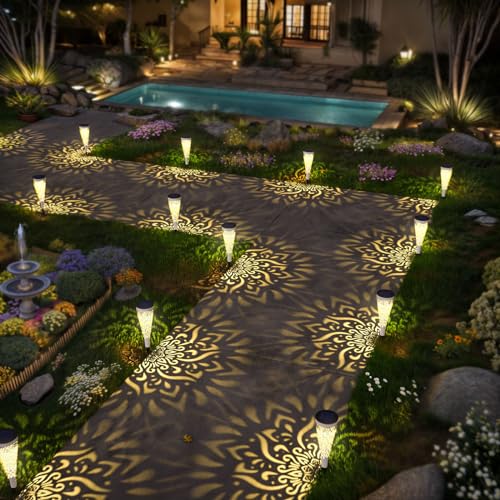 gardencave 6 Pack Solar Lights Outdoor Garden Decorative Mandala Solar Garden Lights with Warm Light Waterproof Solar Pathway Landscape Light for Path Patio Backyard Walkway Yard Decor (White) - color: White