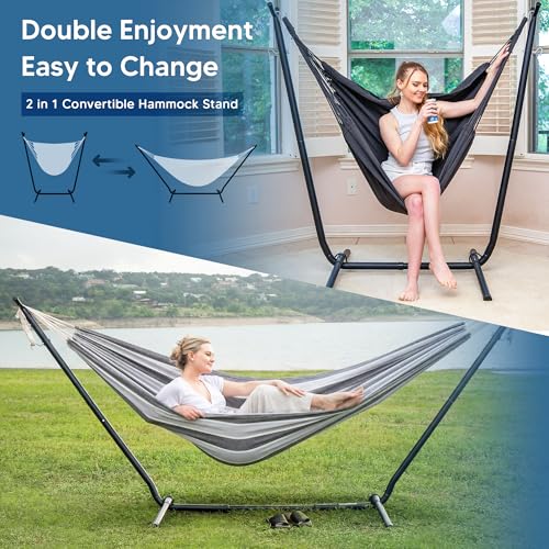 SUNCREAT 2-in-1 Convertible Backyard Fabric Hammock with Stand, Large Hammocks for Outside, Light Gray & Dark Gray - color: A-light Gray & Dark Gray