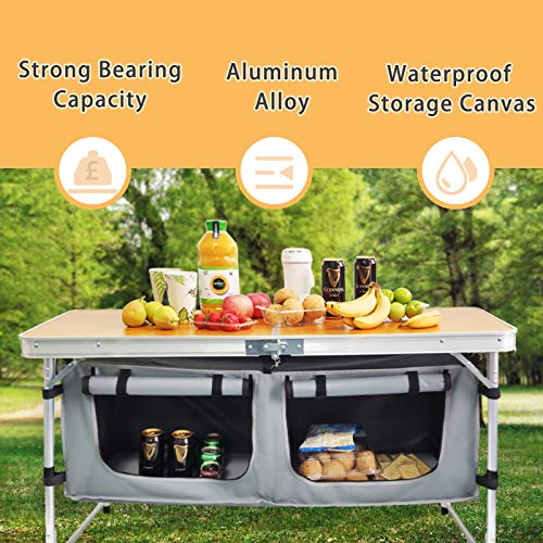 CampLand Outdoor Folding Table Aluminum Lightweight Height Adjustable with Storage Organizer for BBQ, Party, Camping - color: Bamboo