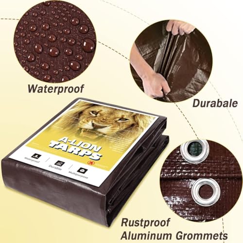 Heavy Duty Waterproof Tarp, Brown/Silver Multipurpose Poly Cover with Grommets, 50x50 Feet, 10 Mil Thickness, All-Season Outdoor Protection