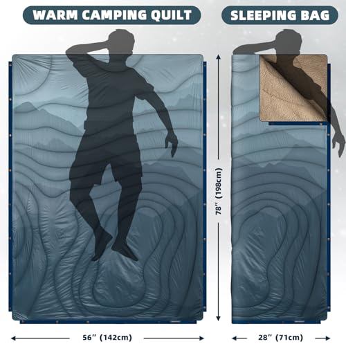 Outdoor Camping Blanket with Sherpa Lining, Extra Warm Thick Camp Blankets and Puffy Ultralight Soft Poncho DWR Camping Quilt for Cold Weather, Adventure, Sleeping, Backpacking 78"x 56" - color: Blue Cloud Valley, size: 78 x 56 inches