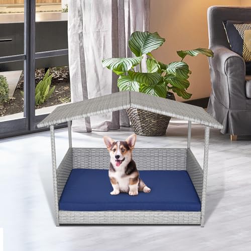 Tangkula Wicker Dog House, Indoor Outdoor Raised Rattan Dog Bed w/Removable Cushion, Washable Cover, Weatherproof Roof, Rattan Puppy Shelter w/Elevated Floor for Small Medium Dogs (Grey & Navy) - style: Grey House & Navy Cushion