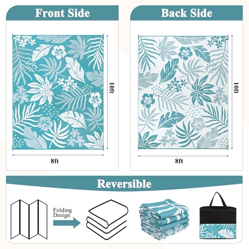 Pauwer Waterproof Outdoor Rug 8x10, Reversible Plastic Straw Patio Camping Rug, Indoor Outdoor RV Mat Carpet for Deck, Camper, Porch, Balcony, Backyard, Picnic, Floral Teal - color: Floral Teal, size: 8' x 10' (Rectangular)