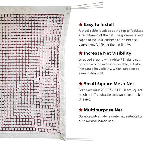 Outdoor Indoor Badminton Net Replacement with Steel Cable Ropes for Backyard Beach Garden Schoolyard (20 FT x 2.5 FT)