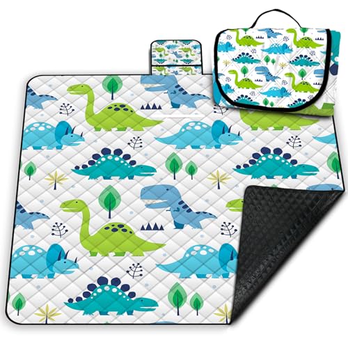 Extra Large Picnic Blanket Waterproof,80"x 80"Foldable Machine Washable Beach Blanket,Outdoor Blanket for 6-8 Adults,Picnic Mat Suitable for Indoor Crawling,Park Beach,Camping,Hiking,Travel(Dinosaur) - color: Green Dinosaur, size: 6'8" x 6'8" (Square)