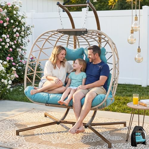 BULEXYARD Double Egg Chair with Stand Indoor Outdoor 2 Person Large Wicker Hanging Swing Chair Oversized Twins Patio Loveseat 2 Seat Beige Rattan Light Green Cushions with Cover - color: Beige/Light Green, size: 2 Seats with Cover