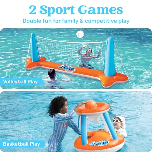 JOYIN XL Inflatable Pool Float Set, 125'' Volleyball Net & Basketball Hoops, Extra Large Floating Swimming Game Toy for Kids and Adults, Summer Floaties, Volleyball Court|Basketball, XL-Orange - color: Orange, size: X-Large