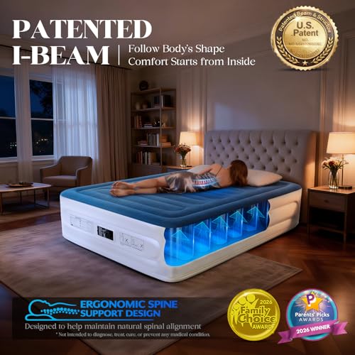 VOSSER Queen Air Mattress with Built-in Pump, Extra Thick Blow Up Mattress, Leak-Proof Air Bed with Storage Bag, Flocked Top Inflatable Mattress for Home, Camping & Guests，660lbs，Gift for Mom - color: Blue, size: Queen 15''(Standard Height)