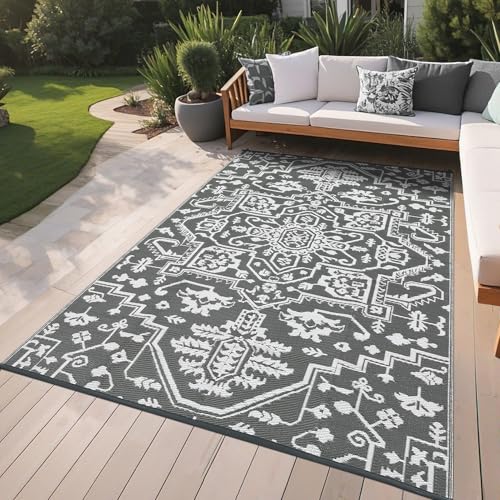 GarveeHome 9x18 Outdoor Rug Boho Vintage Floral Reversible Plastic Straw Large Rugs Waterproof Retro Indoor Outdoor Rug Pet- Kids Friendly Foldable Outside Carpet for Backyard Deck Picnic,Grey White - color: Vintage | Grey White, size: 9' x 18' (Rectangul