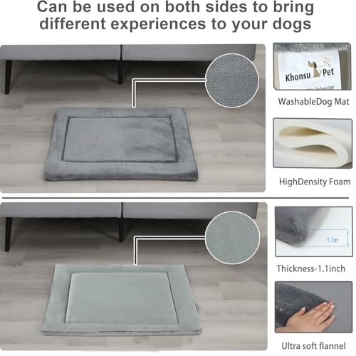KHONSU PET Dog Bed Mat for Crate 1.1in Slim Cooling Pad Reversible Flannel & Waterproof Canva for Medium Dogs up to 45 lbs, Fits 30"x20" Basic Crate - color: Grey, size: M
