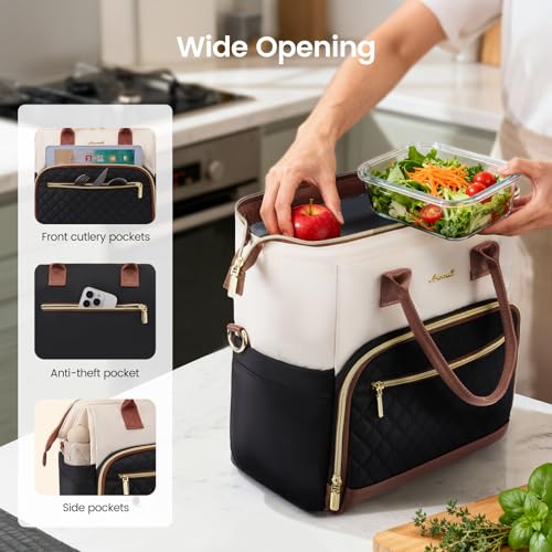 LOVEVOOK Lunch Bag Women, Insulated Adult Lunch Box for Women Work, Wide Opening Leakproof Cooler Tote Bag for Office Campus Picnic Beach with Shoulder Strap, Loncheras Para Mujer with Cup Holder - color: Black-White-Brown, size: Large—16l