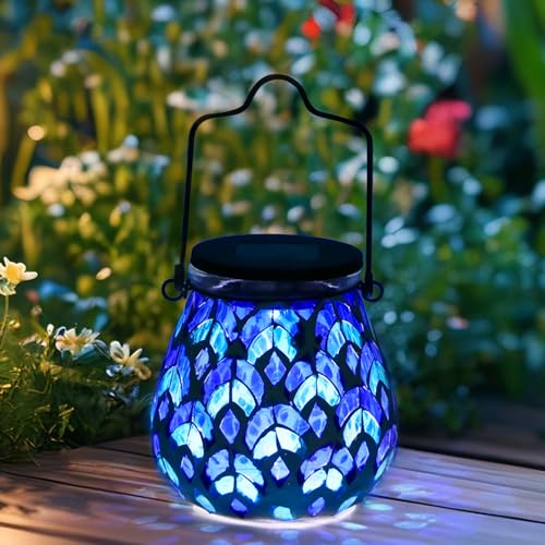 Afirst Mosaic Solar Lanterns - Glass Hanging Lights Hollow Out Waterproof Outdoor Decorative for Garden, Patio, Holiday Party Outdoor Decoration, 1 Pack - style: Blue