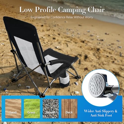 DUMOS Low Camping Beach Chair, Lightweight Folding Portable Beach Chair with Cup Holder, Storage Pocket, Breeze Mesh Back, Padded Armrests, Low Profile Chair for Camp, Picnic, Lawn, Sand, Black - color: Black, size: 25.79*22.24*27.36inch