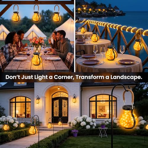 2 Pack Solar Lights Outdoor Waterproof, Round Solar Garden Lights with Hemp Rope Handle, Warm White Starburst Effect LED String Lights for Patio Lawn Decor, Gardening Gifts for Mom Women