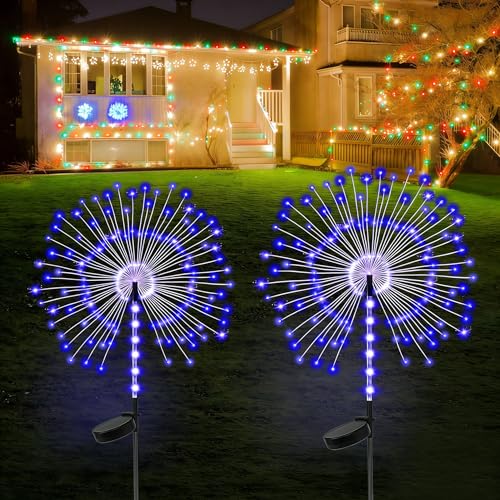 2 Pack 250LED Solar Garden Lights Outdoor, Dual Lighting Modes Firework Lights Solar Powered, Waterproof Twinkle Fairy Light Outside for Yard Patio Pathway Christmas Party Decorative(Blue) - color: Blue 02