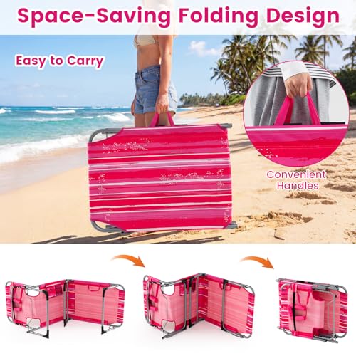COSTWAY Tanning Chair with Face Hole, Folding Beach Lounge Chair with 4-Position Adjustable Backrest, Pillow & Side Pocket, Foldable Chaise Lounge Chair Outdoor for Sunbathing, Camping (1, Pink+White) - color: Pink+white