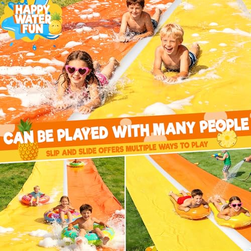 iGeeKid Pineapple Lawn Water Slides with 2 Bodyboards for Kids Adults, Heavy Duty Water Toys Sprinkler 2 Race Lane Backyard Outdoor Summer Beach Swimming Pool Water Game Party, 20 x 5.6 ft - style: 20Ft Pineapple Double Lane