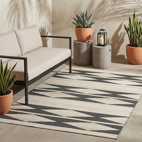 Fab Habitat Outdoor Rug - Waterproof, Fade Resistant, Crease-Free - Premium Recycled Plastic - Geometric Tribal - Patio, Deck, Porch, Balcony, Laundry Room - Cairo - Natural & Black - 4 x 6 ft - color: Cairo - Natural & Black, size: 4' x 6' (Rectangular)
