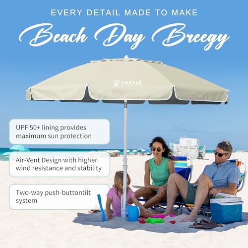 AMMSUN 8 Feet Large Beach Umbrella with Sand Anchor Heavy Duty High Wind Portable Outdoor Umbrellas UV 50+ Protection Air Vent Tilt Patio Garden Pool - color: Cream Khaki