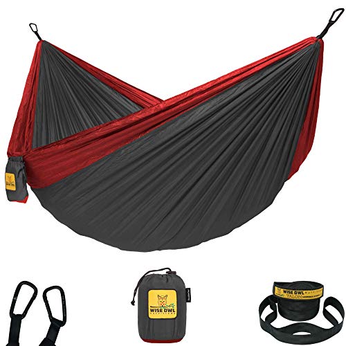 Wise Owl Outfitters Camping Hammock – 500lbs Portable Hammock with Tree Straps - Travel, Backpacking, Hiking, Outdoors Camping Gear - Single or Double - color: Charcoal & Red, size: Single