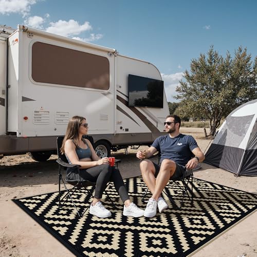 sarben Outdoor Rug for Patio - Waterproof Plastic Straw Camping Rugs 4x6 ft, Reversible Outdoor Indoor RV Mat Carpet for Patio, Porch, Deck, Balcony, Picnic, Beach, Black Beige - color: Black&beige, size: 4' x 6' (Rectangular)