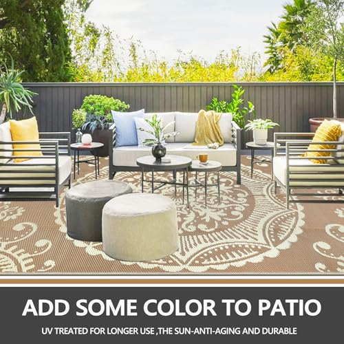 Capslpad Outdoor Rug 8x10 Patio Waterproof Boho Floral Plastic Straw Rug Large Foldable Vintage Outside Carpet with Carry Bag for RV Backyard Balcony Bench Picnic Porch, Beige - color: Light Beige, size: 8' x 10' (Rectangular)
